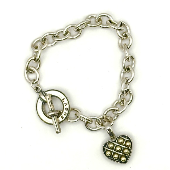 LAGOS Jewelry - Lagos Caviar Two Tone Silver & 18 Kt Gold Reversible Heart Charm Bracelet